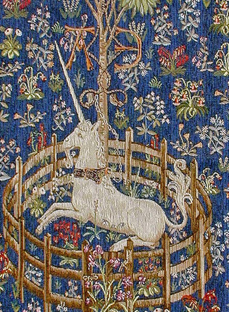 Unicorn in Captivity, blue Wall tapestries Hunting for the Unicorn - Mille Fleurs Tapestries