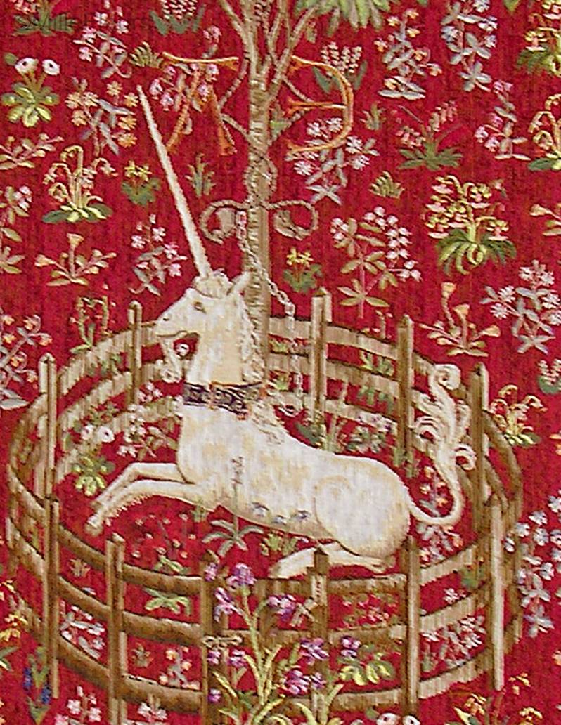 Unicorn in Captivity, red Wall tapestries Hunting for the Unicorn - Mille Fleurs Tapestries