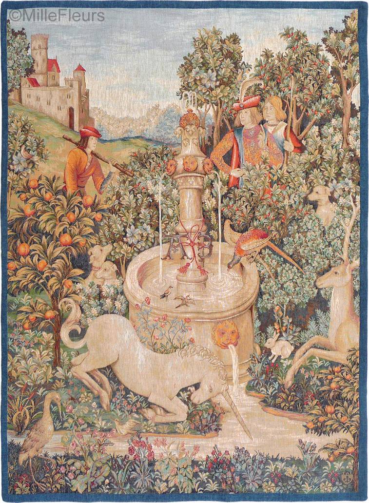 Unicorn at the Fountain Wall tapestries Hunting for the Unicorn - Mille Fleurs Tapestries