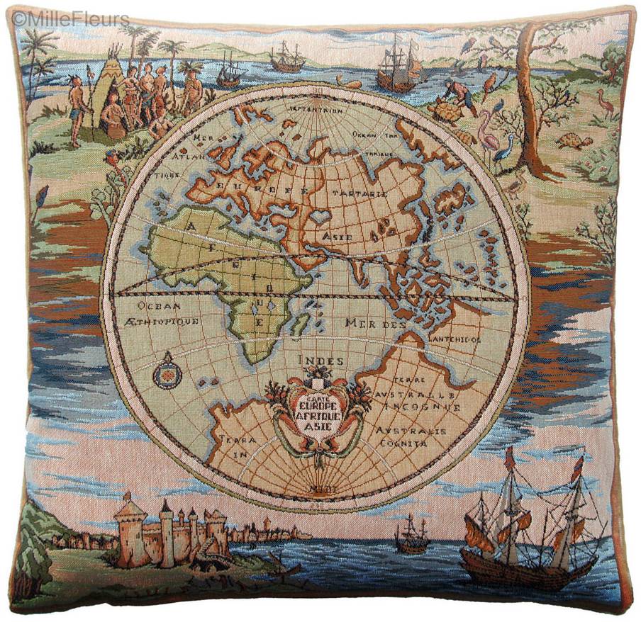 Wereldkaart Sierkussens Middeleeuws - Mille Fleurs Tapestries
