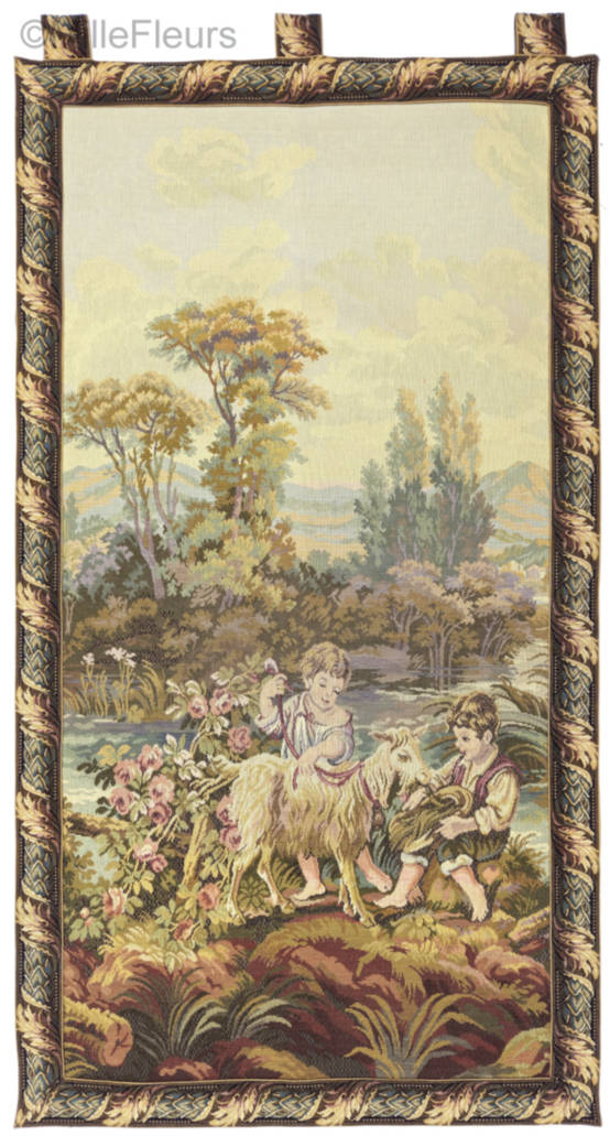Children Shepherds with Goat Wall tapestries Romantic and Pastoral - Mille Fleurs Tapestries