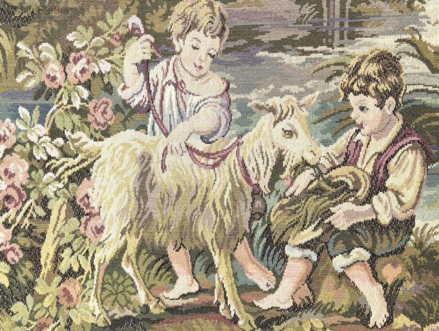 Children Shepherds with Goat Wall tapestries Romantic and Pastoral - Mille Fleurs Tapestries