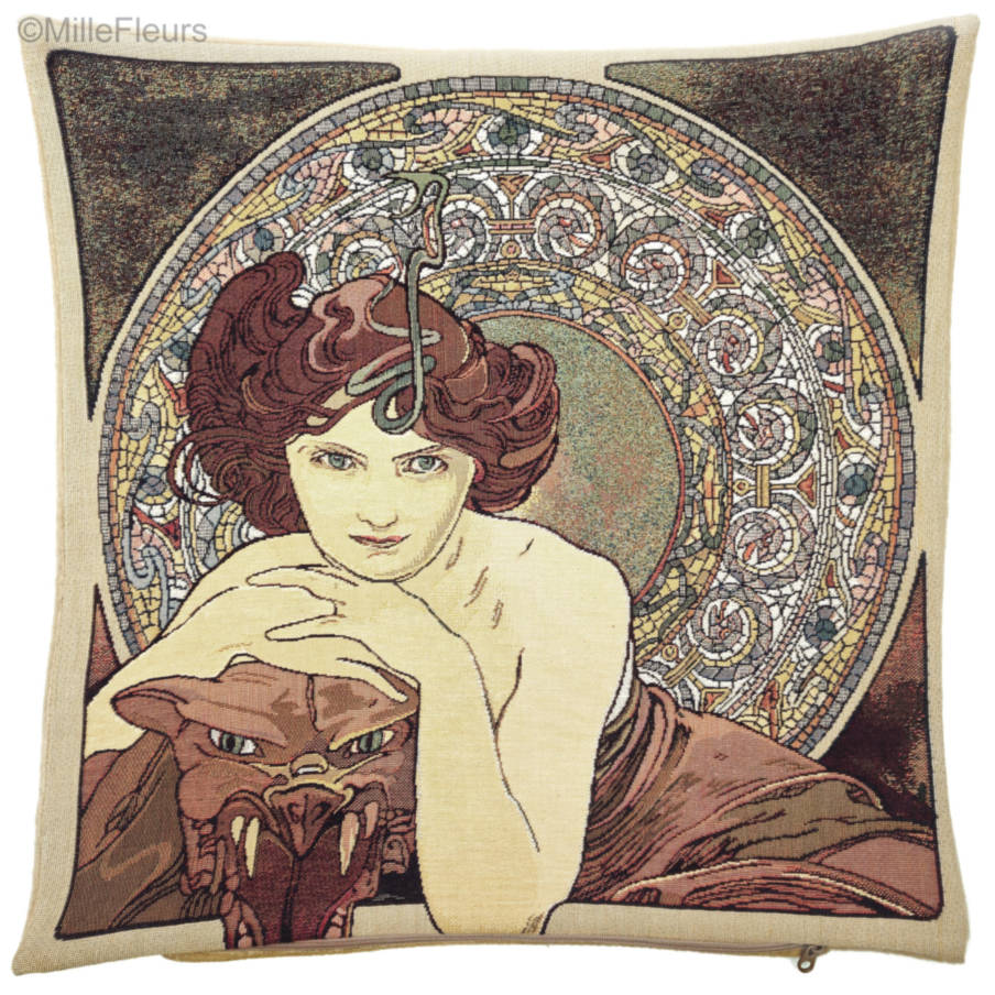 Emeraude (Mucha) Housses de coussin Alphonse Mucha - Mille Fleurs Tapestries