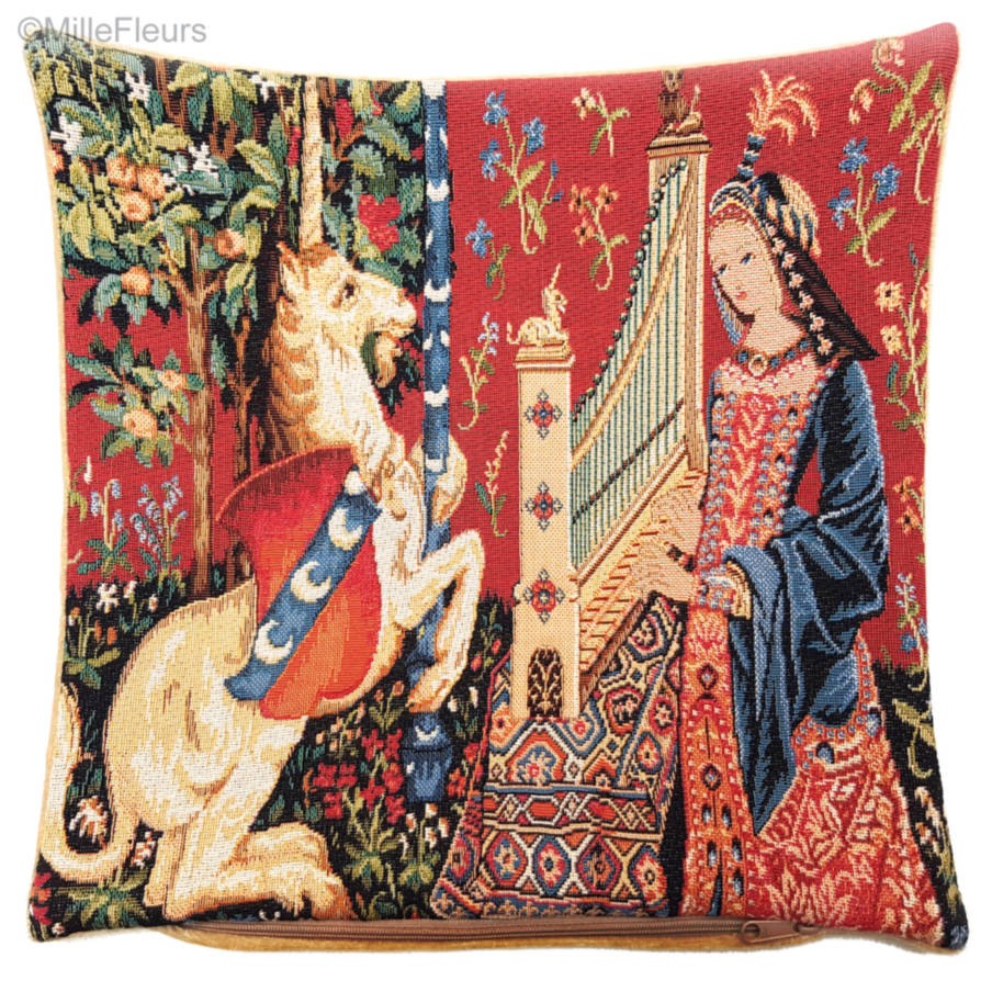 The Hearing Tapestry cushions Unicorn series - Mille Fleurs Tapestries