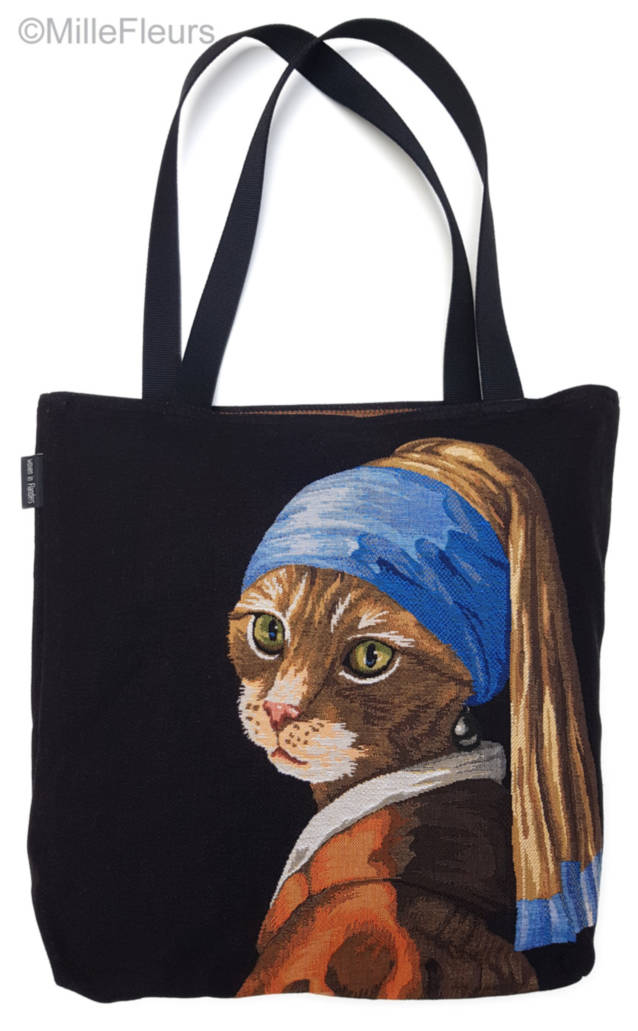 Cat with a Pearl Earring Tote Bags Masterpieces - Mille Fleurs Tapestries