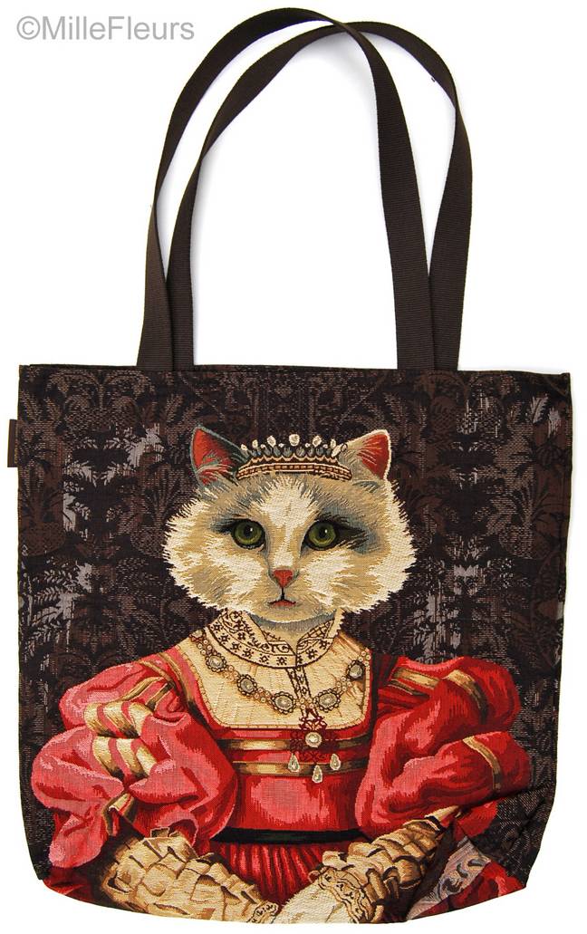 Cat with Crown and Red Dress Tote Bags Cats - Mille Fleurs Tapestries