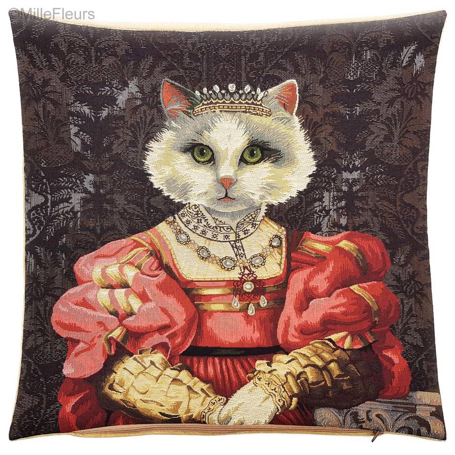 Chat avec Couronne et Robe Rouge Housses de coussin Chats - Mille Fleurs Tapestries