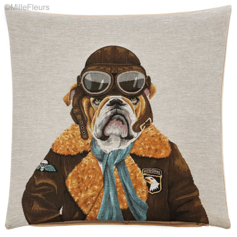 English Bulldog Pilot Tapestry cushions Dogs in Traffic - Mille Fleurs Tapestries