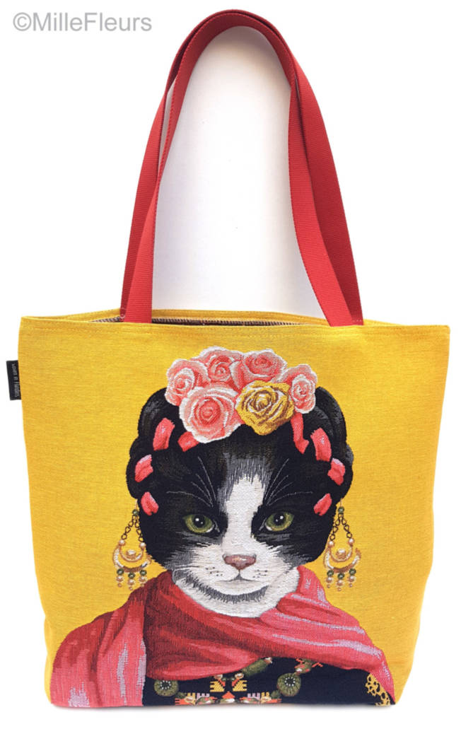 Frida Kahlo Cat and Scarf Tote Bags Cats and Dogs - Mille Fleurs Tapestries