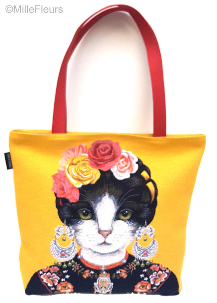 Frida Kahlo Kat en Oorringen Shoppers Katten en Honden - Mille Fleurs Tapestries
