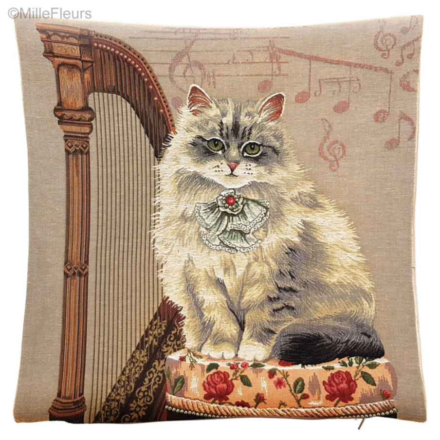 Kat bij Harp Kussenslopen Katten - Mille Fleurs Tapestries