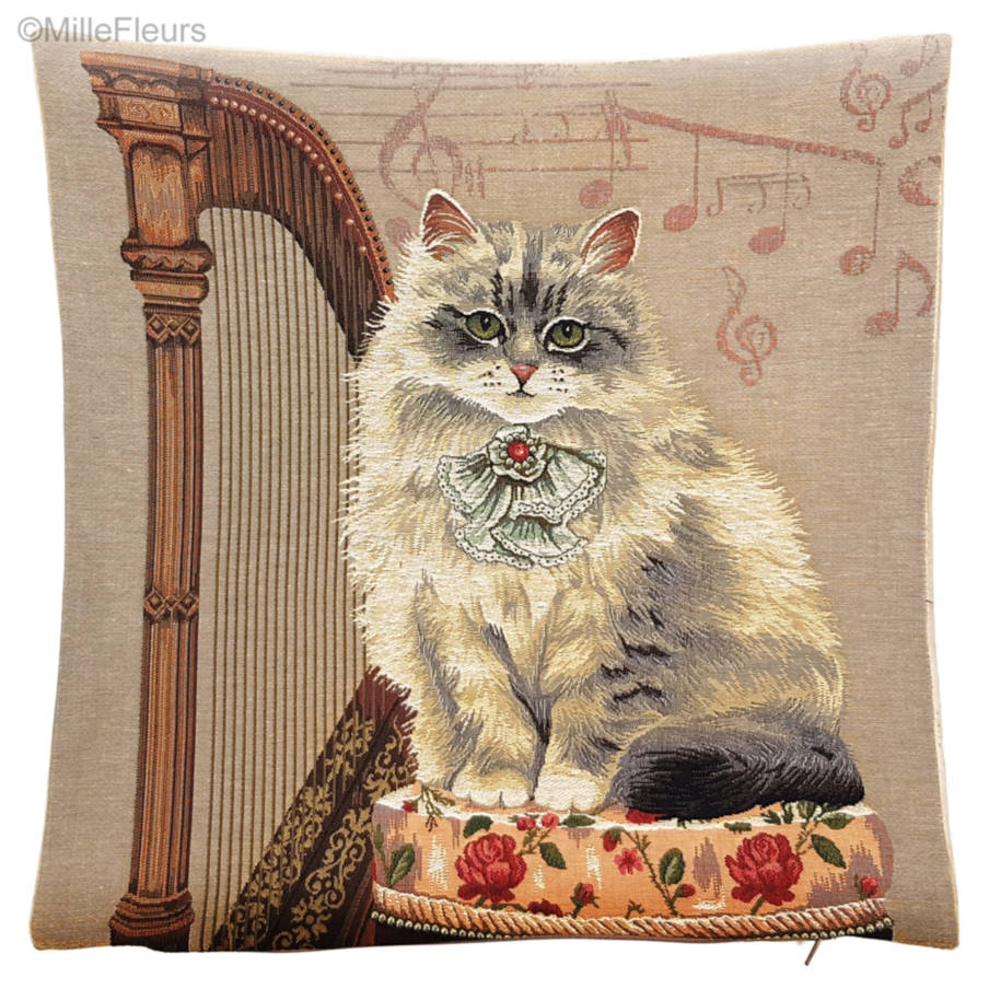 Kat bij Harp Sierkussens Katten - Mille Fleurs Tapestries