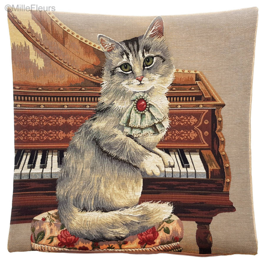 Kat bij Piano Sierkussens Katten - Mille Fleurs Tapestries