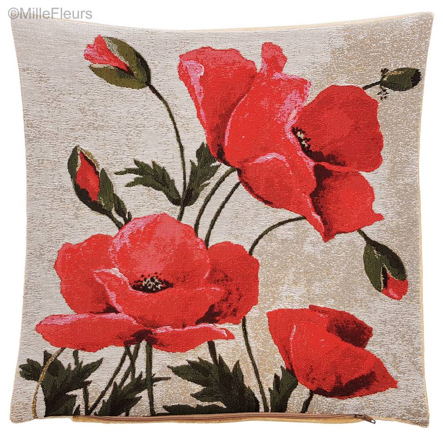 Poppies on ecru Tapestry cushions Poppies - Mille Fleurs Tapestries