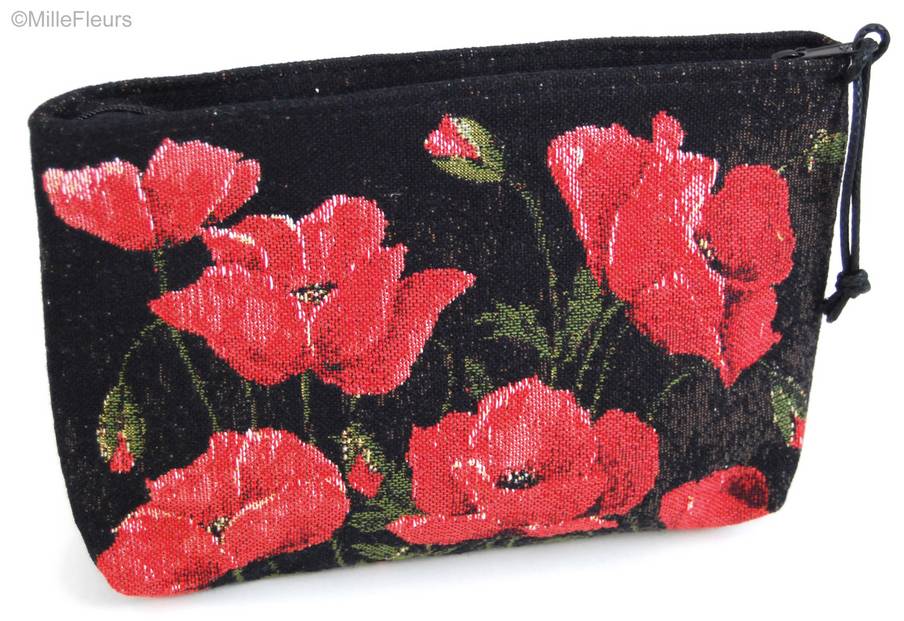 Amapolas en negro, negro Bolsas de Maquillaje Estuches con Cremallera - Mille Fleurs Tapestries