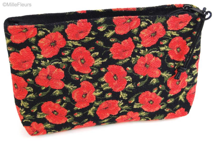 Pequeñas amapolas en negro Bolsas de Maquillaje Estuches con Cremallera - Mille Fleurs Tapestries