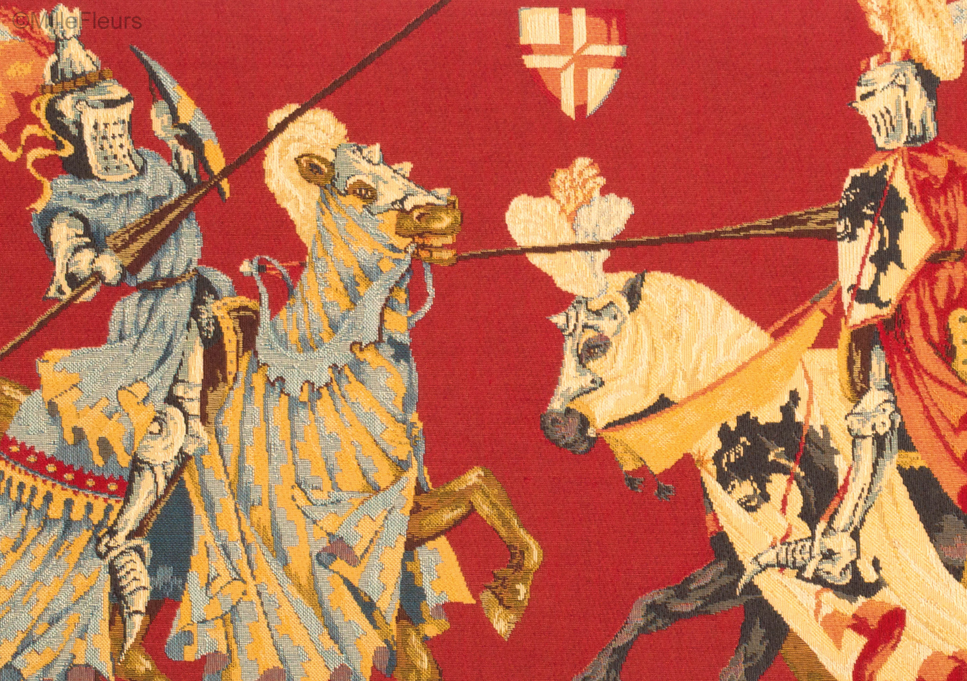 thumbnail interactive-video image 1 of 18" Medieval Joust Tapestry Cushion Cover – Belgian Cotton, Red, With Zip (1312R) 1 of 3
