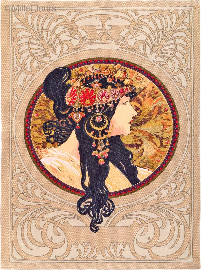 Byzantijns Hoofd: Brunette (Mucha) Wandtapijten Alfons Mucha - Mille Fleurs Tapestries